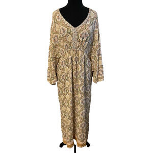 World Market Maxi Dress Womens S/M Beige Kaftan Beachy Boho Ethnic Flowy Dress